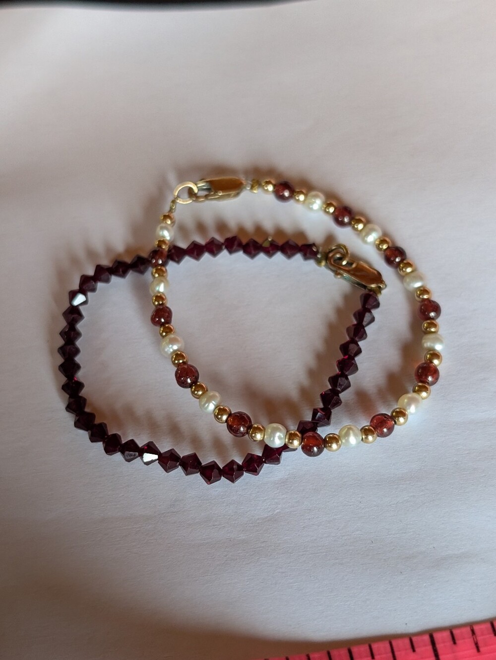 Vintage Gold Filled Garnet Beaded Bracelet Set Multi-Strand Freshwater Pearl